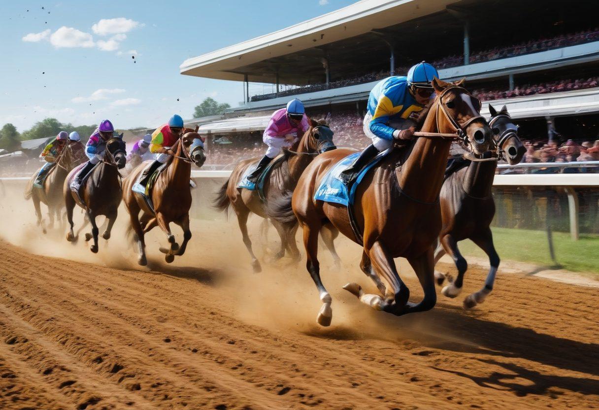 A dynamic scene capturing the excitement of live horse racing at Batavia Downs, with vibrant horses racing down the track, cheering crowds in colorful attire, and vibrant gaming machines in the background. Include elements of adrenaline and joy, such as confetti in the air and expressions of thrill on spectators' faces. The sky should be a clear blue with the sun shining brightly overhead. super-realistic. vibrant colors. action-packed.