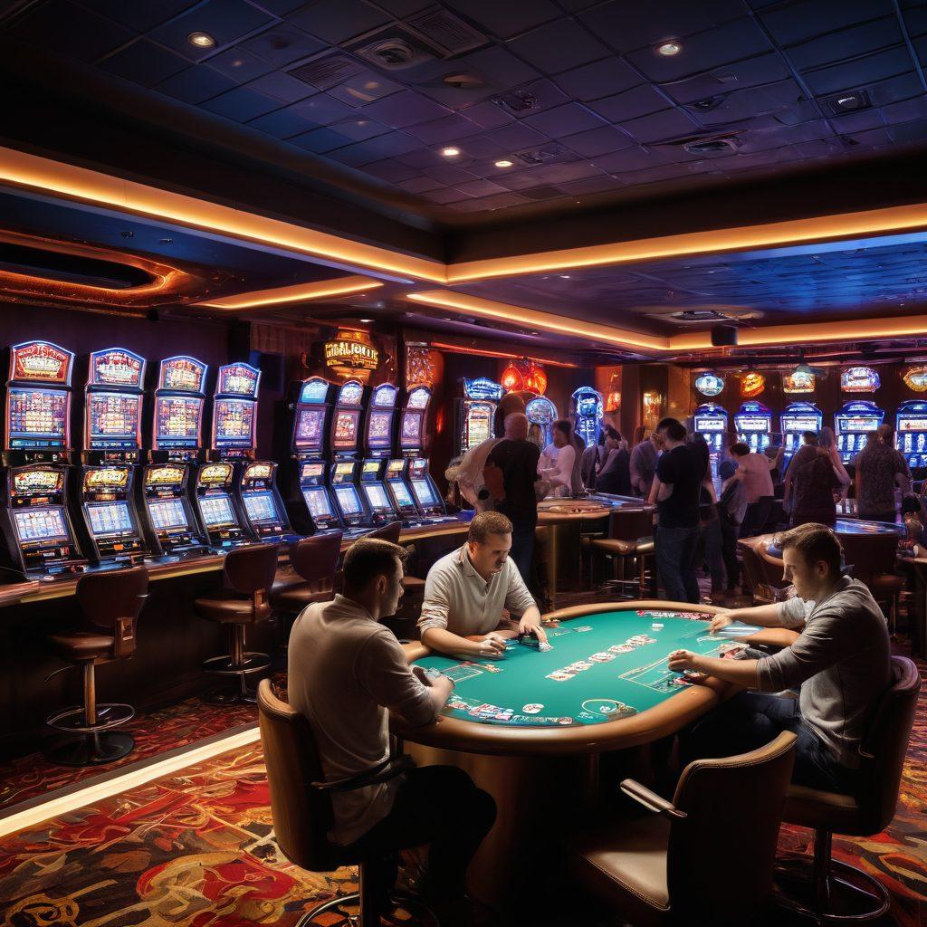 An engaging scene featuring a lively gaming room at Batavia, showcasing diverse players intensely focused on various betting strategies. Include elements like poker tables, slot machines, and a dynamic scoreboard displaying odds. The ambiance should reflect excitement and thrill, with neon lights illuminating the room. Characters of different backgrounds are celebrating their wins and discussing tactics. super-realistic. vibrant colors. dynamic lighting.