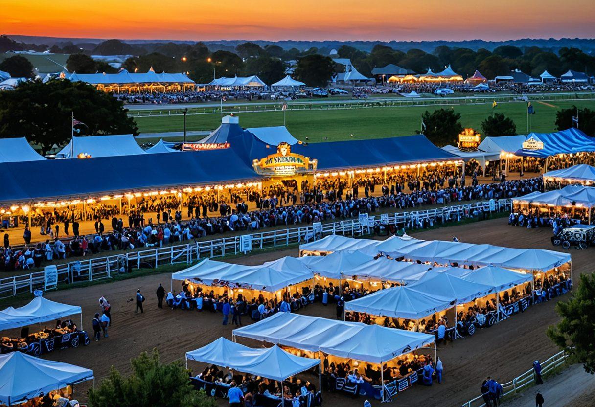 A lively scene depicting a calendar filled with colorful events and promotions in Batavia Downs, featuring horse racing, concert stages, and food festivals. Include cheerful crowds enjoying the festivities, banners highlighting special offers, and a beautiful sunset in the background. Emphasize a sense of excitement and community engagement. vibrant colors. super-realistic.